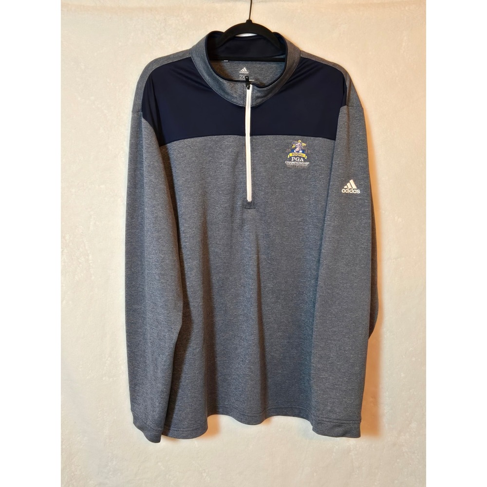 Adidas Mens 2XL PGA Golf Pullover Gray Navy Long Sleeve 1/4 Zip Pullover PGA